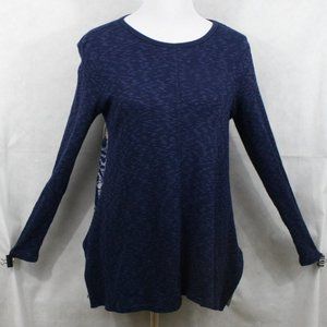 Max Jeans Navy Blue Cotton Blend Pullover Blouse w/ Floral Back SZ XS EUC